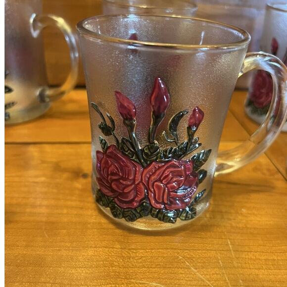Pasari Frosted Pressed Glass Red Rose Hand Painted Mugs Set of 6 - Picture 7 of 7
